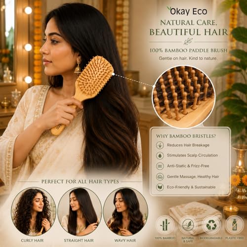 Image of Bamboo Paddle Hair Brush Natural Gentle Detangling EcoFriendly Hair Care Tool