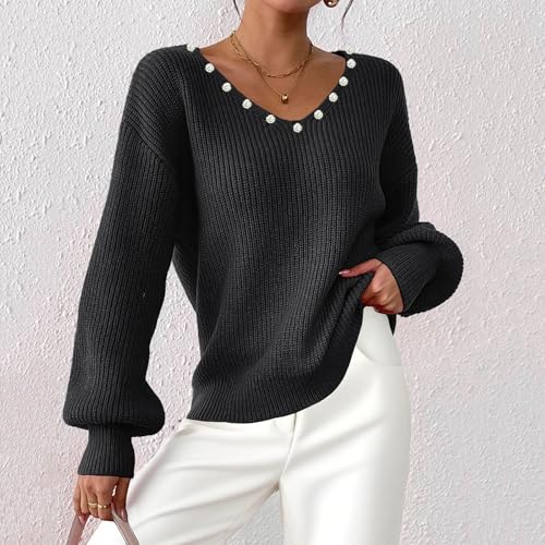 Womens V Neck Sweaters 2025 Trendy Casual Solid Color Long Sleeve Ribbed Knit Pullover Tops with Decorative Buttons2