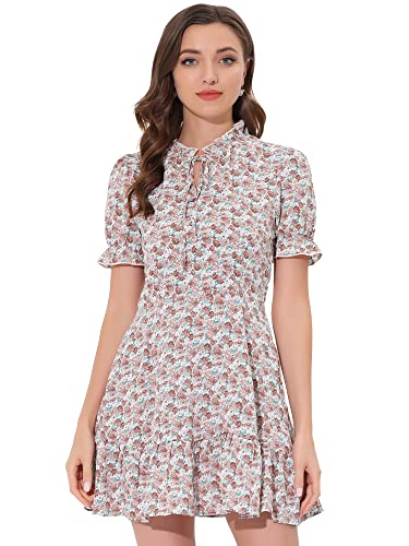 Image of Allegra K Womens Floral Chiffon Mini Dress Ruffle Hem Puff Short Sleeve | Ruffled Tie Neck, Summer Style, Sweet and Chic for Vacation Beach Wear