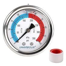 Water Pressure Gauge,Glycerin Filled, 0-50 PSI/350KPA Test Gauge for The Irrigation, Pools; 2" Dial, 1/4" NPT Back Mount with Seal Tape