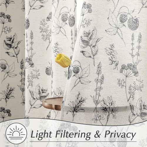Image of FMFUNCTEX Linen Curtains Floral Patterned Curtain for Bedroom Living Room, Black Curtains 63 Inch Length Farmhouse, Light Filtering Beige Window Curtain Grommet Top 2 Panels Set