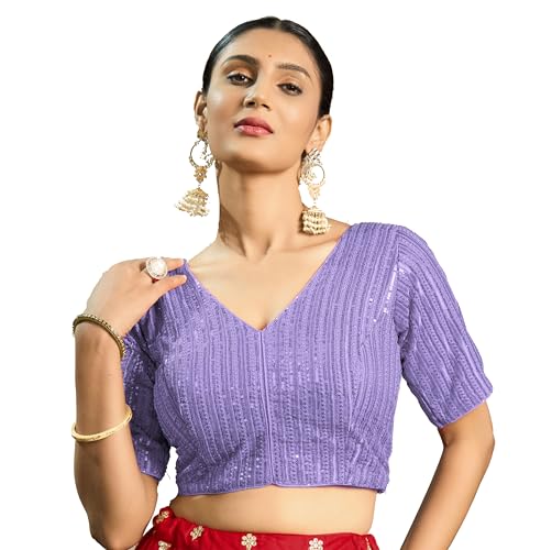 Image of Pujia Mills Women's Indian Ethnic Wear Designer Silver Sequence with Matching Embroidered Work Deep V Neck Half Sleeve Readymade Padded Saree Blouse Readymade Unique Color Saree Blouse