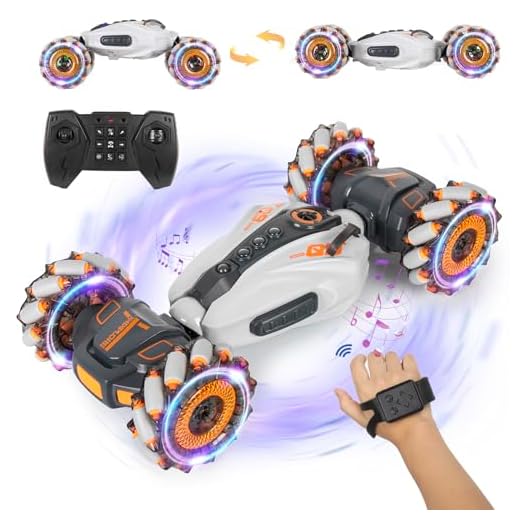 Coollia Coche teledirigido 360 ° Doble Giro Lateral, 2.4GHz RC Stunt Car 4WD, Coche Acrobacia Teledirigido Drift Control Gestual con Spray, Música y Luces Juguetes Niños 6 7 8 9 10 Años Regalo Niño