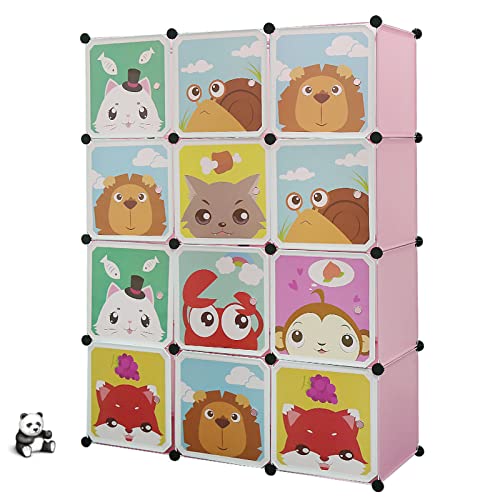 HUOLE bunt Steckregal Kinderzimmer, Tiermotive, Kunststoff Stecksystem, m. Türen, Kleiderschrank, m. Kleiderstange, Standard