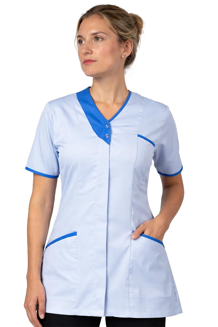 John & Smith London Women's Sky Blue / Teal Blue Trim ’S Premium Healthcare Scrub Top Uniform For Home Care, Hospitals, Clinics, Care Homes, Beauty Spa & Wellness Roles | Belgravia Asymmetric Tunic Sb Tb 18