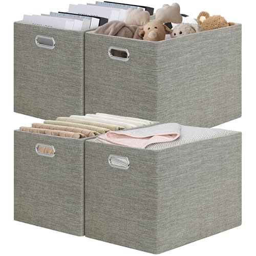 Posprica 15.12x12.13x12.01 Storage Cube Bins, Linen Decorative Closet Storage Organizer for IKEA Kallax, 4 Pack Fabric Foldable Large Storage Baskets for Closet, Shelves, Clothes, Toy -Coffee