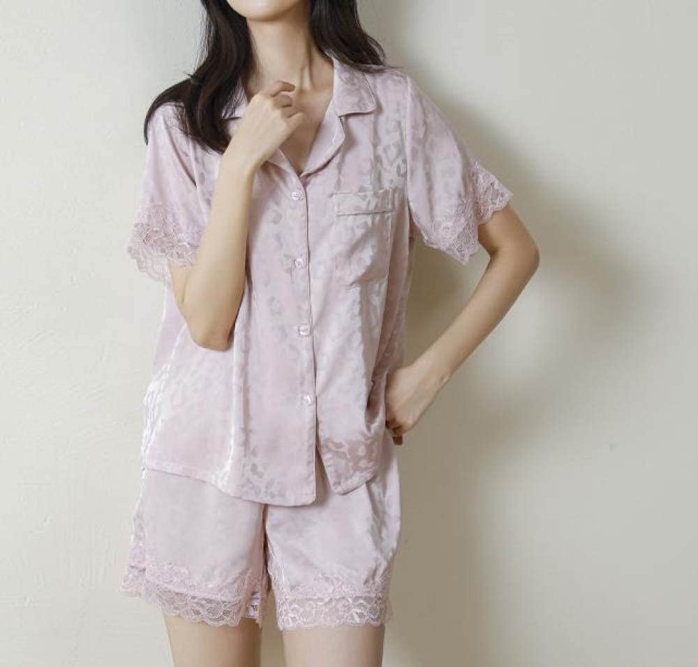 Pigiama Da Donna In Due Pezzi,Soft Loungewear, Pigiama A Due Pezzi Alla Moda Semplice Da Donna, Pigiama A Maniche Corte Con Risvolto Con Stampa Leopardata Rosa E Pantaloncini Set Pigiama In Seta Ghi