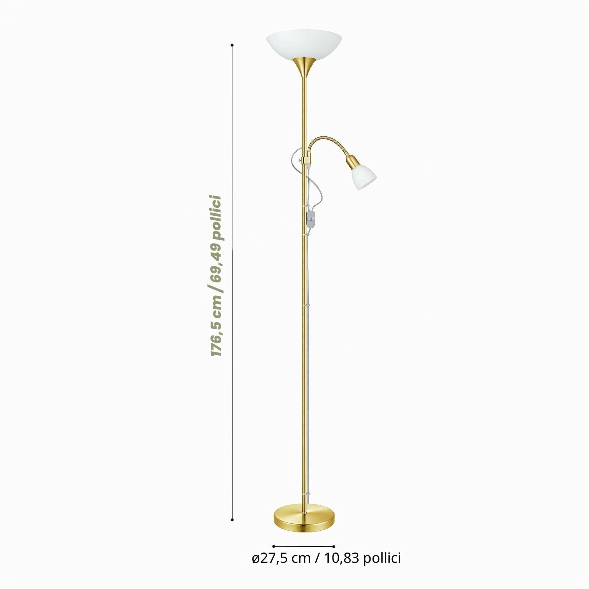 Eglo Lampada da terra Up 2, Piantana da terra a due luci, Lampadario | da terra in acciaio, vetro e plastica, bianca, Lampada da lettura in ottone opaco, con interruttore, E27 + E14