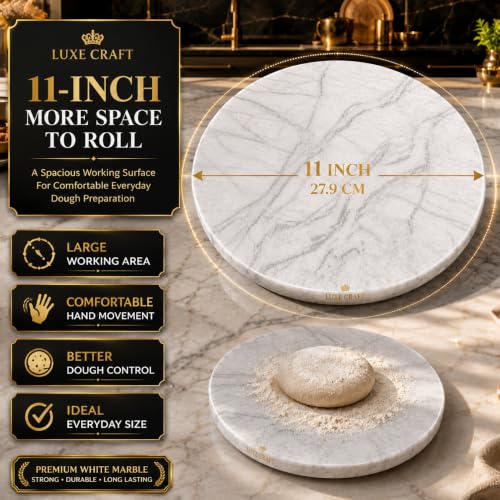 Image of White Marble Chakla 11 Inch | Roti Chapati & Papad Rolling Board | Smooth Finish Stone Chakla | Heavy Duty Non Slip Dough Rolling Board for Kitchen Use