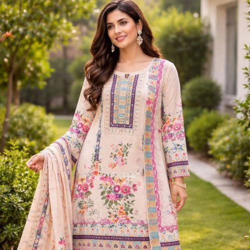 Image of Floral Pakistani Lawn Suit for Women - Embroidered Tunic with Dupatta