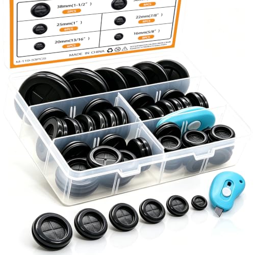 mankk 33Pcs Rubber Grommet Kit 6 Size (5/8' 13/16' 7/8' 1' 1-3/16' 1-1/2') Drill Hole Round Double...