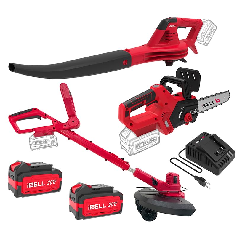 Image of iBELL 20V MAX Cordless Garden Tool kit Leaf Blower, Chain Saw, Brushcutter Combo Kit - Brushless Power Tools with 2 Batteries (4Ah) and Charger Included.