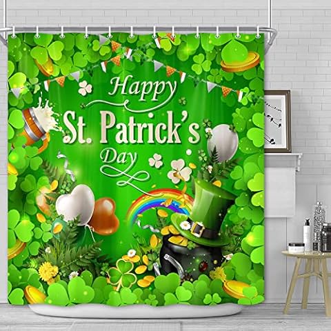 Wathon Happy St Patrick's Day Shower Curtain, Cute Irish Gnome Truck Bathroom Accessories with Green Clover Shamrocks Design, St Patricks Decor Cloth Fabric Bathroom Curtains with Hooks 72 x 72 Inch Cover