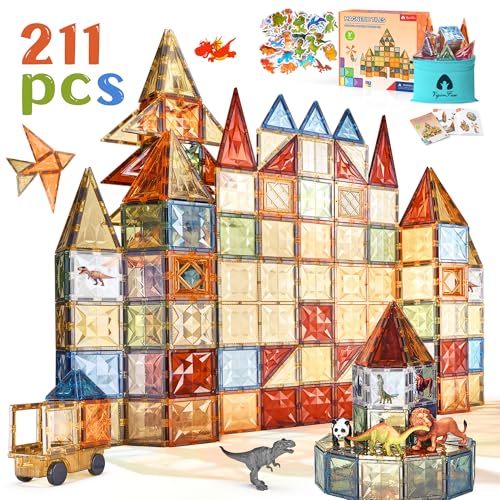 211 PCS Magnetic Tiles Set, Magnet Tiles Building Blocks with Car Animal Models and Stickers, Construction Educational STEM Sensory Toys Gifts for 3 4 5 6 7 8 + Year Old Kids Toddlers Boys Girls