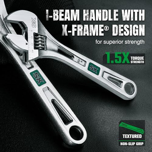 Image of SK 6-Inch Adjustable Wrench, 15 /16 inch Jaw Capacity, SAE&Metric Scales | X-Frame Handle, Precision Jaw, Heat Treated CR-V Steel, Chrome-Plated Rust Resistant Finish