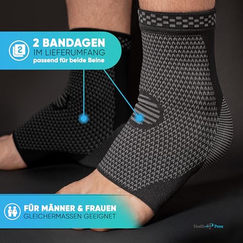 Health Press Sprunggelenkbandage – Professionelle Stützstrümpfe – Entlastung & Stabilisierung des Sprunggelenks – 2x Fußbandage, Gr. M – Medizinprodukt – Stützende Knöchelbandage – Kompressionssocken