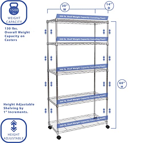Seville Classics 5-Tier Wire Shelving With Wheels, 5-Tier, 30"" W X 14"" D (New Model), Chrome Plating, Plated Steel #TOP1