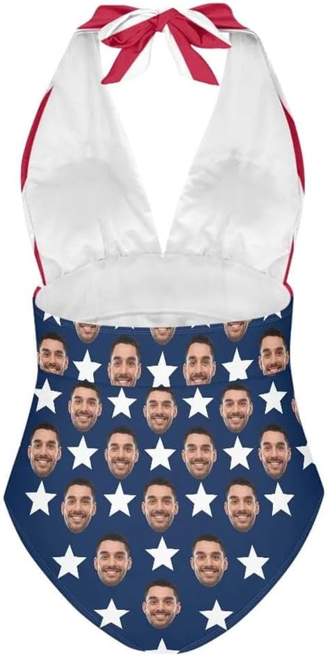 Custom Face American Flag Bikini, Personalized Women's Two Piece Swimsuit High Crew Neck High Waisted Bikini Beach Outfits