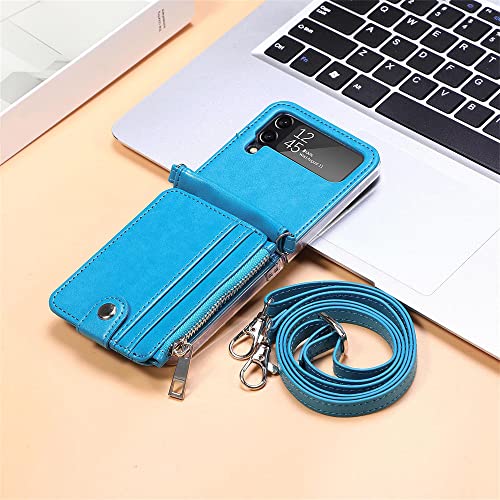 Couverture arrière en cuir bleu pour Galaxy Z Flip 4 5G avec lanière premium