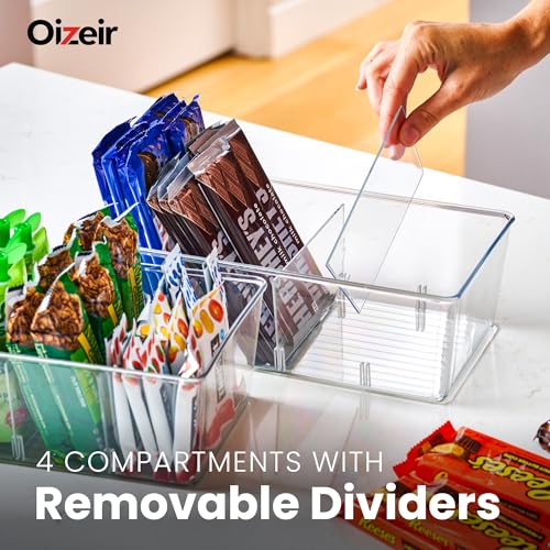 Image of Oizeir 8 Pack Clear Pantry Organizer Bins - Fridge Organizer with 3 Removable Dividers - Kitchen Pantry Organizers & Storage