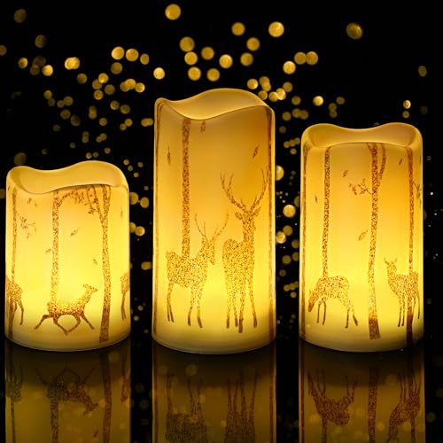 VIHOSE 3 Pcs Christmas Flickering Flameless Candles Battery Powered LED Pillar Candles Realistic Deer Decor Gold Deer Decal Warm Light for Christmas Home Decor