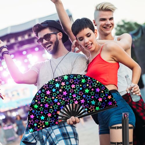 Image of FairySandy Large Rave Fan UV Glow Hand Fan with Holster for Men Women Carnival Gear Disco Party Supplies for Carnival Edm Music Festival Club Accessories Performance(Star,Mixed Color)