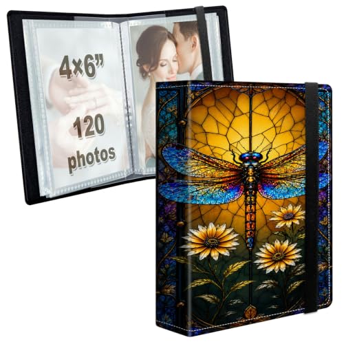 Image of Photo Album 4x6 120 Photos with Strong Elastic Band Stained Glass Dragonfly | Large Capacity Premium Leather Picture Album, Portable Wallet Albums Photo Book for Family Anniversaries Wedding Baby