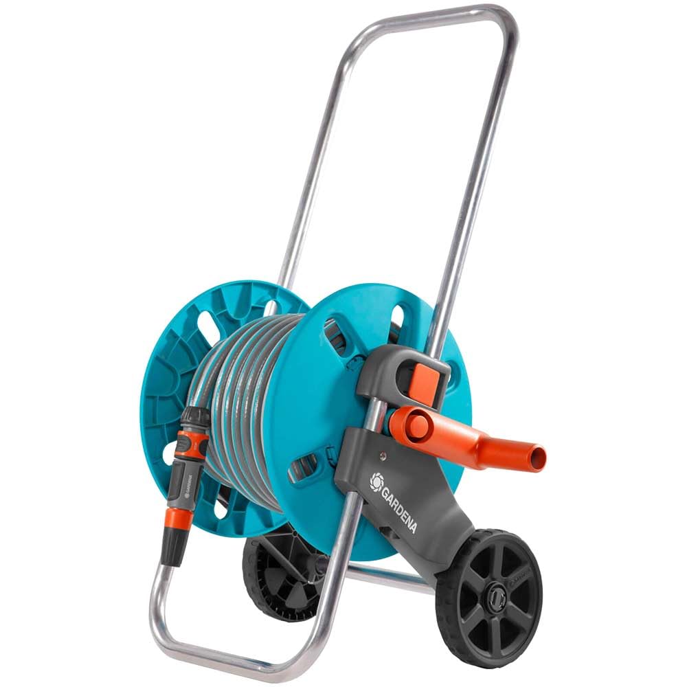 Gardena 18502-26 Aquaroll Hose Trolley S Set, Complete with 20 M Hose, System Parts And Spray Nozzle, Grey, Turquoise, Black, Silver, Orange, 36x44x48 cm