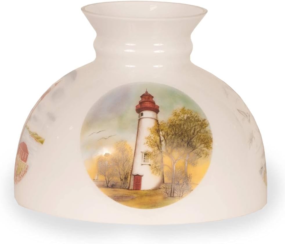 Aladdin Lighthouse Design on White Student Glass Oil Lamp Shade 10 inch