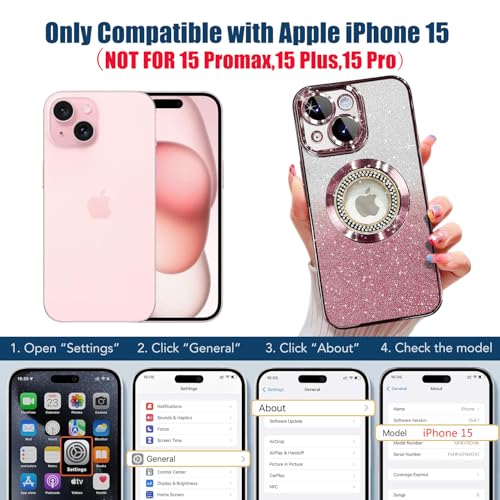 Image of Misscase for iPhone 15 Magnetic Glitter Case Compatible with MagSafe,Full Protection Slim Shockproof Anti-Scratch Case with Camera Lens Protector Logo View Dust-Proof Net for Women Pink