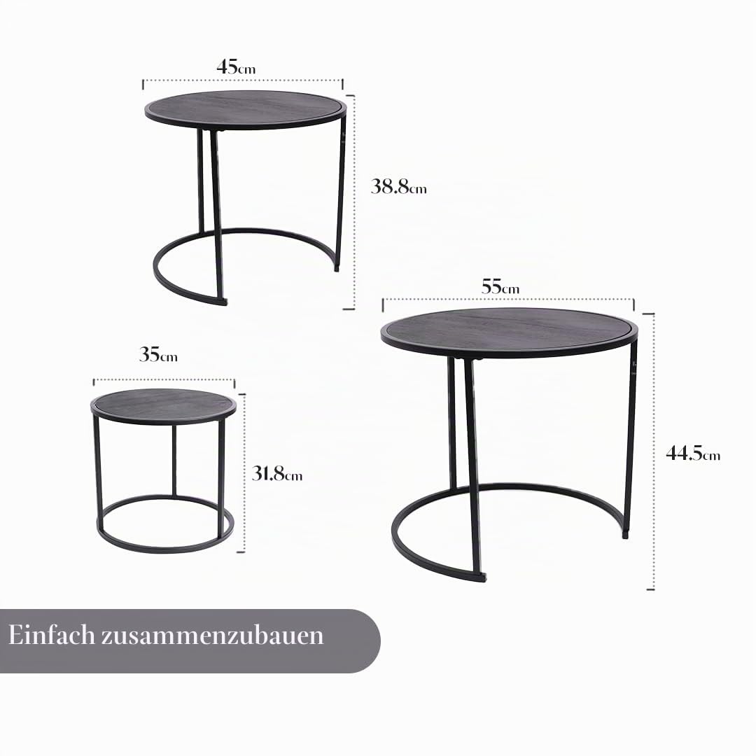 DIVCHI Runde Nesting 3er Set, Moderne Holzoptik mit Metall Schwarz Sockel, Couchtisch Beistelltische für kleine Räume, Nachttisch Nachttisch für Wohnzimmer, Schlafzimmer, Balkon
