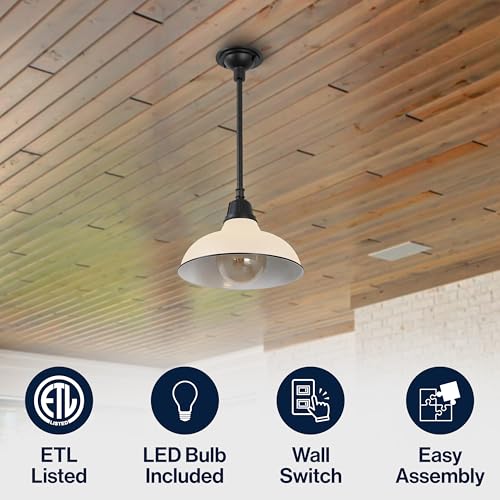 Image of JONATHAN Y Jasper 1-Light Farmhouse 12.25 inch Metal Pendant, Matte Almond | Indoor Outdoor Use, Rustic Vintage Dome Shade, Adjustable Height, Kitchen Island Porch Entryway, LED Bulb Included