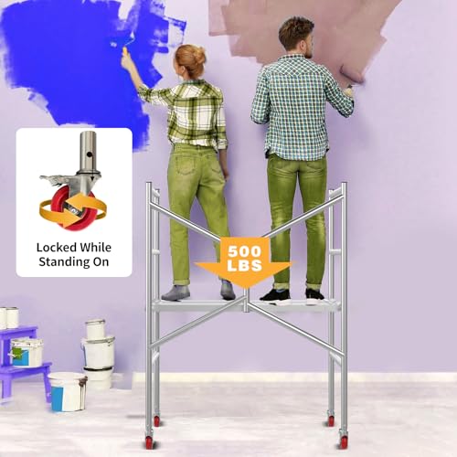 Image of Scaffolding Work Platform, Rolling Scaffolding with Wheels, Scaffold for Building Construction, Interior Painting, Home Improvement（59.0 inch Height, 500LBS Capacity, Silver)
