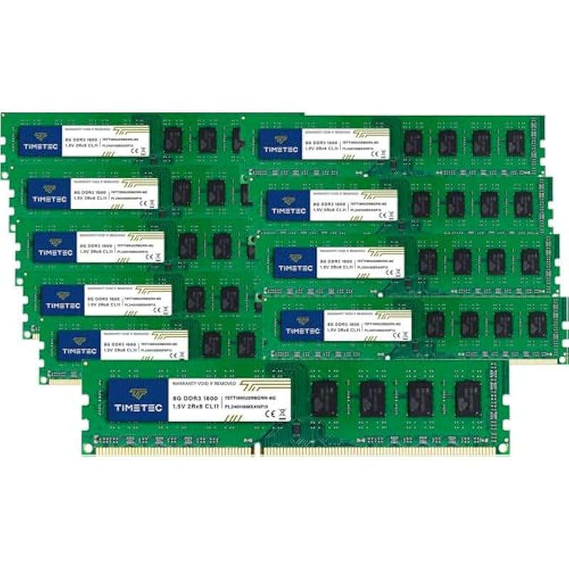 Timetec 80GB KIT(10x8GB) DDR3 1600MHz (DDR3-1600) PC3-12800 (PC3-12800U) Non-ECC Unbuffered 1.5V CL11 2Rx8 Dual Rank 240 Pin UDIMM Desktop PC Computer Memory RAM(SDRAM) Module Upgrade DDR3 80GB KIT...