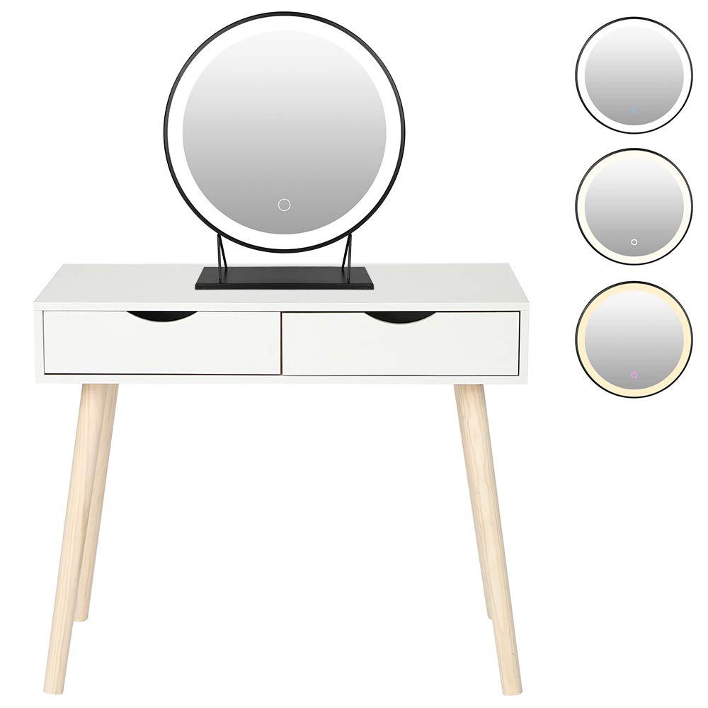 HUOLE Specchio per Trucco Illuminato, Specchio per Trucco con Luci a LED Interne, Regolabile, Rotondo, Colore Cromo, per Bagno e Camera da Letto, 50 x 50 cm