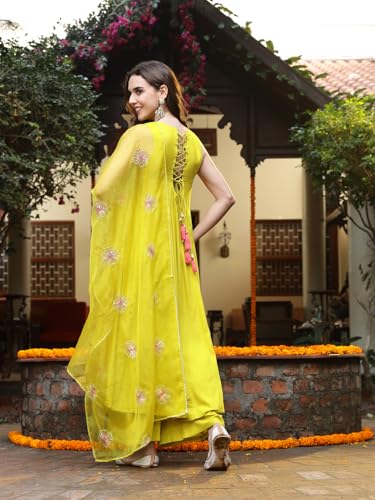 Image of Stylum Women's Solid & Embellished Rayon Flared Kurta Palazzo Dupatta Set