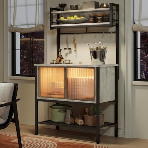 Bestier Coffee Bar with Storage, 5 Tier Microwave Stand with LED Lights, Kitchen Bakers Rack with Cabinet, Heavy Duty Storage Shelves for Kitchen Garage Pantry(Retro Grey Oak Light)