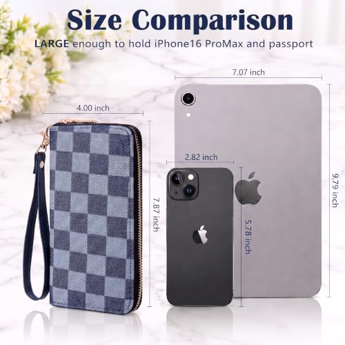 Image of Denim Checkered Wallet for Women, Zip Around Wristlet Wallet | Detachable Wrist Strap, Large Capacity Long Phone Wallet for Cards, Cash & Travel