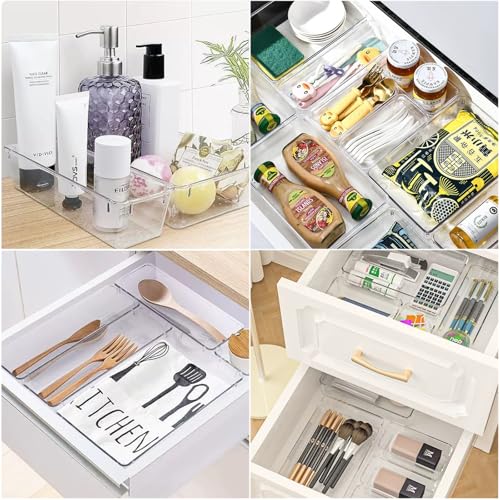 Drawer Organiser Set, Clear Makeup Trays Plastic, Desk Drawer Dividers Dresser Storage Bins Separation Box for Bathroom, Office, Cosmetic, Jewelries and Gadgets, Bedroom (7pcs) - Image 6