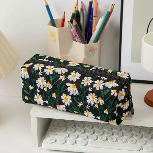 Image of Carry bloom Pencil Pouch Cute Pencil Case for Girls Aesthetic Pencil Bag with Zipper Pen Cases School Supplies Makeup Bag (5 floral daisy)