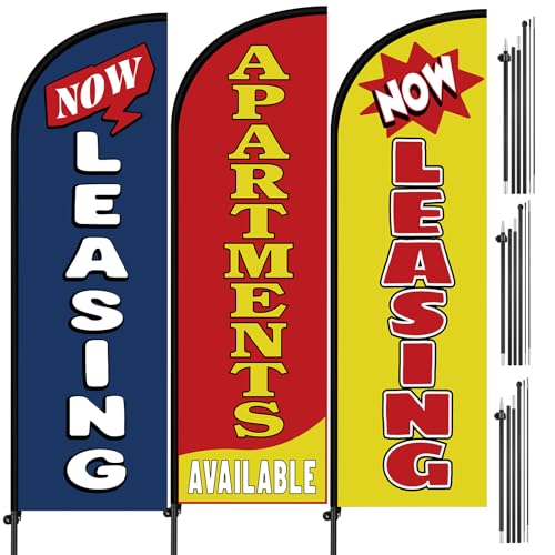 Tegeme 3 Set 7 ft Now Leasing Swooper Feather Flags Apartment Available Advertising Flags Sign Kit Include 3 Banner Flag with 15 Poles and 3 Ground Spikes for Rental Bussiness Apartment House Rent
