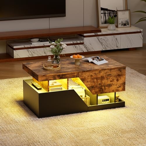 MSFE Table Basse LED, Table Basse Salon Bois avec 4 Tiroirs et Espace de Rangement Ouvert, Moderne de Salon, 20 Modes de Clignotement, Modes...