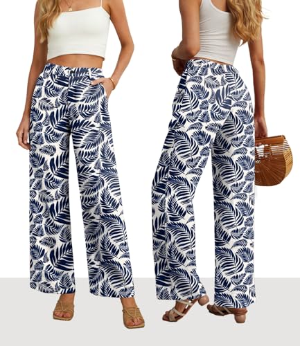 Image of Feiersi Womens Casual Wide Leg Pants High Waisted Button Down Straight Long Trousers Palazzo Pants