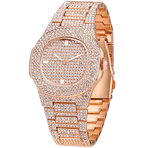Men's Fashion Iced Out Watch Luxury Diamond Oblong Wrist Watch with Stainless Steel Bracelet Blinged Out Rose Gold Watch for Men Hip Hop Rapper