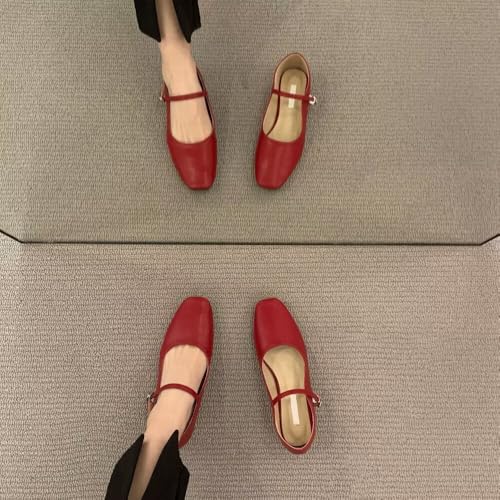 Image of TN TANGNEST Leather Flats for Women Retro Mary Jane Flats | Comfortable Square Toe Slip On Flats with Buckle Strap, Soft Work Flats Office Shoes