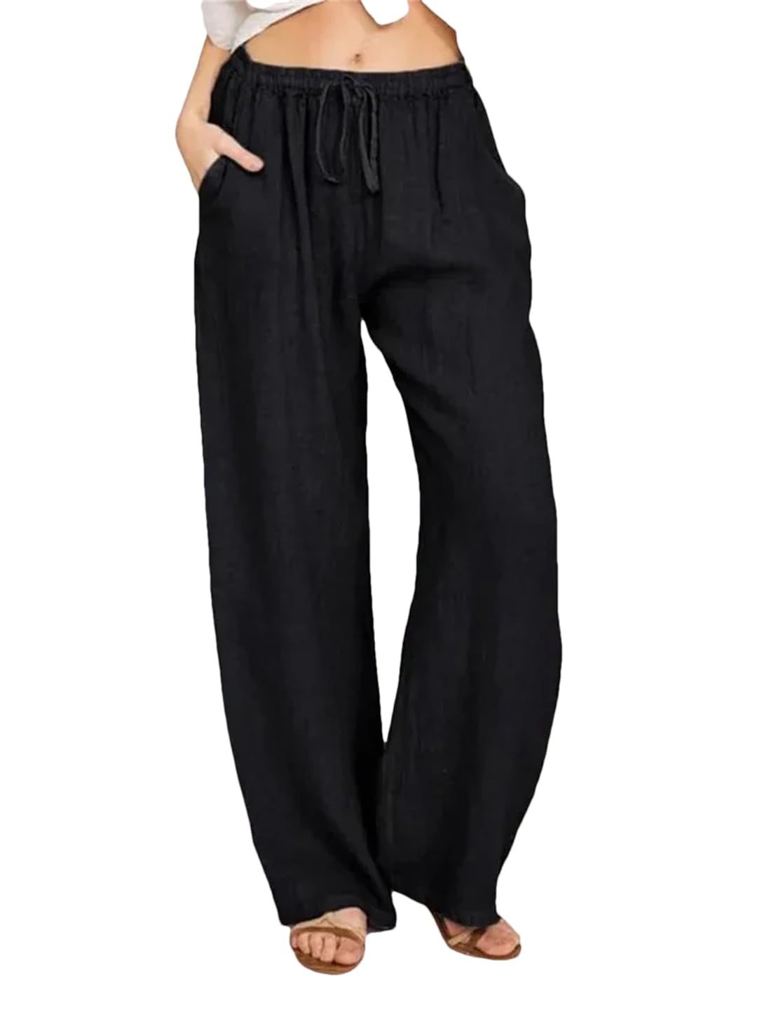 Women Loose Solid Color High Elastic Waist Pocket Pants Drawstring Full Length Wide Leg Straight Trousers