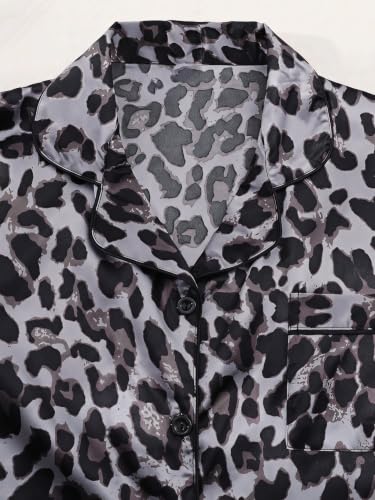 Image of SHENHE Women's 2 Piece Satin Pajama Set Leopard Short Sleeve Pj Shorts Set | Button Down, Cheetah Pjs Set, Silk Pajama Set, Sexy