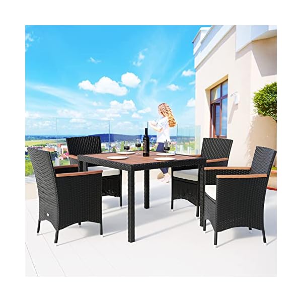 Poly Rattan Garden Furniture Dining Table Set Patio Rectangular Black 4 Seater Outdoor Wooden Plate Conservatory - Image 3