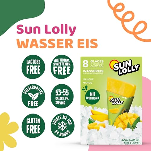 Sun Lolly Wassereis Mango 8 Stk | Mit Fruchtsaft | Zum Selbsteinfrieren | Ohne künstliche Aromen | Frei von Süßungsmittel | Laktosefrei | Glutenfrei | 8 x 60ml