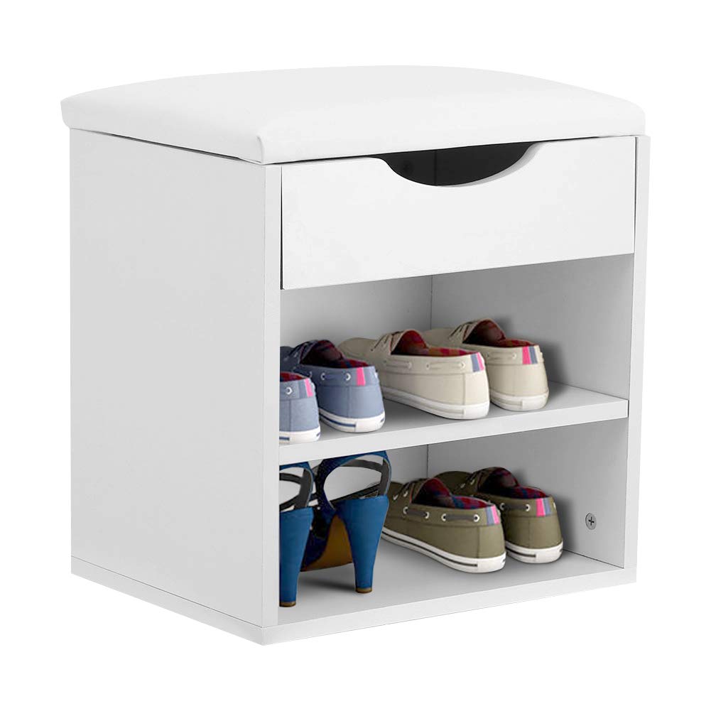 Shoe Rack Bench, 2 Shelves Shoe Organizer Storage Shelf Vanity Makeup Stool with Hidden Storage Comprtment and Cushioned Seat for Entryway Hallway Living Room Bedroom - White